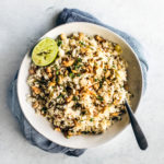 Overhead shot of serving bowl full of coconut ginger rice.