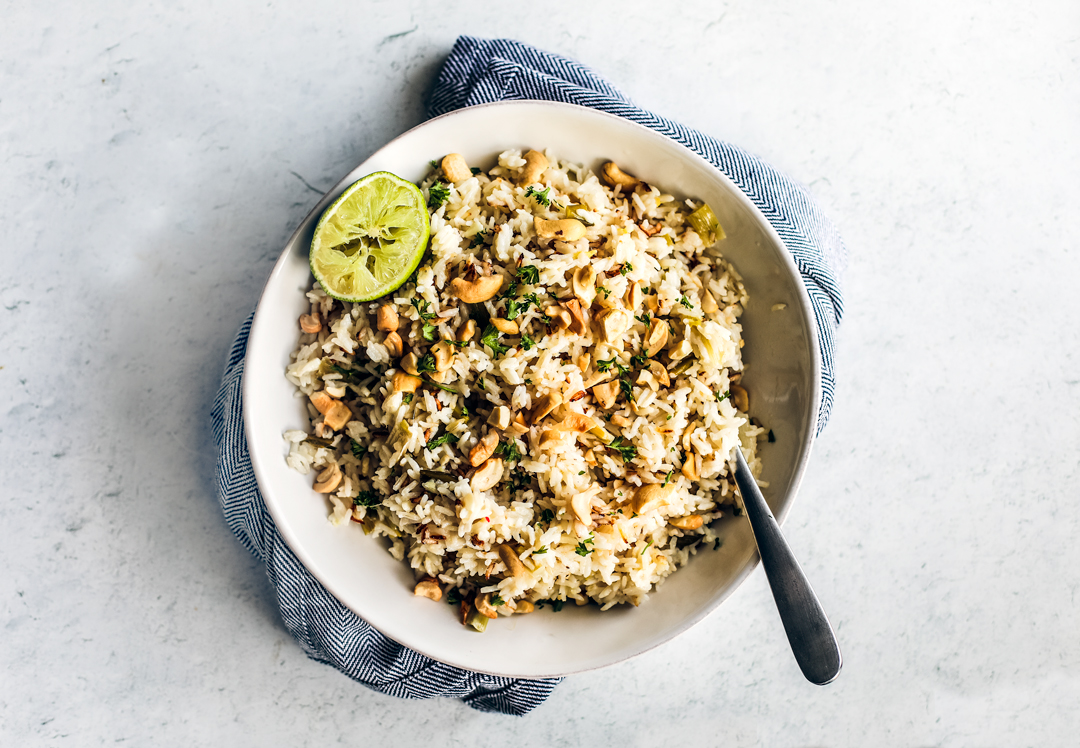 Overhead shot of serving bowl full of coconut ginger rice.