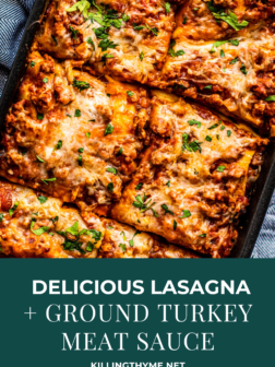 Lasagna with ground turkey meat sauce photo with text.