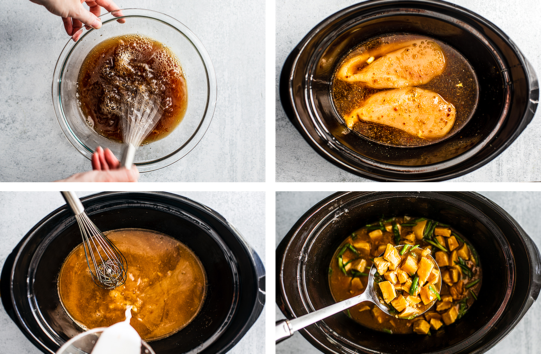 Collage of process shots with sauce being mixed, chicken in slow cooker, etc.