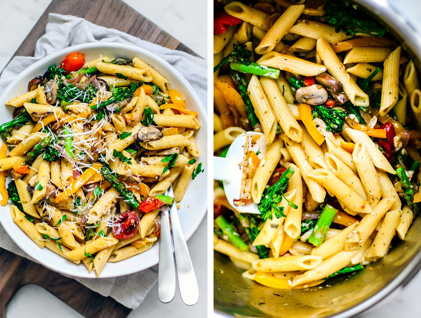 Overhead shots of pasta primavera in bowl, and in Instant Pot.