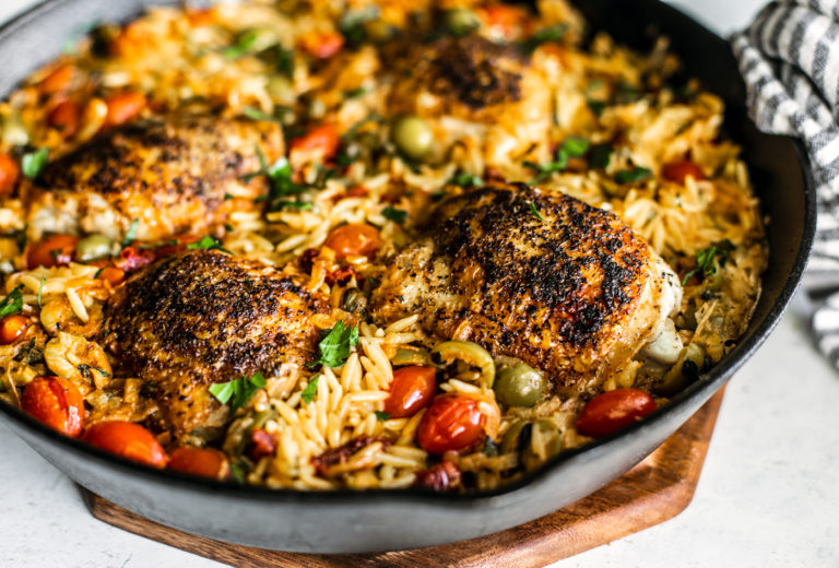 One-Pan Chicken Puttanesca with Creamy Orzo - Killing Thyme