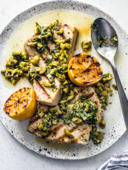 Grilled Swordfish Steaks with Olives and Herbs