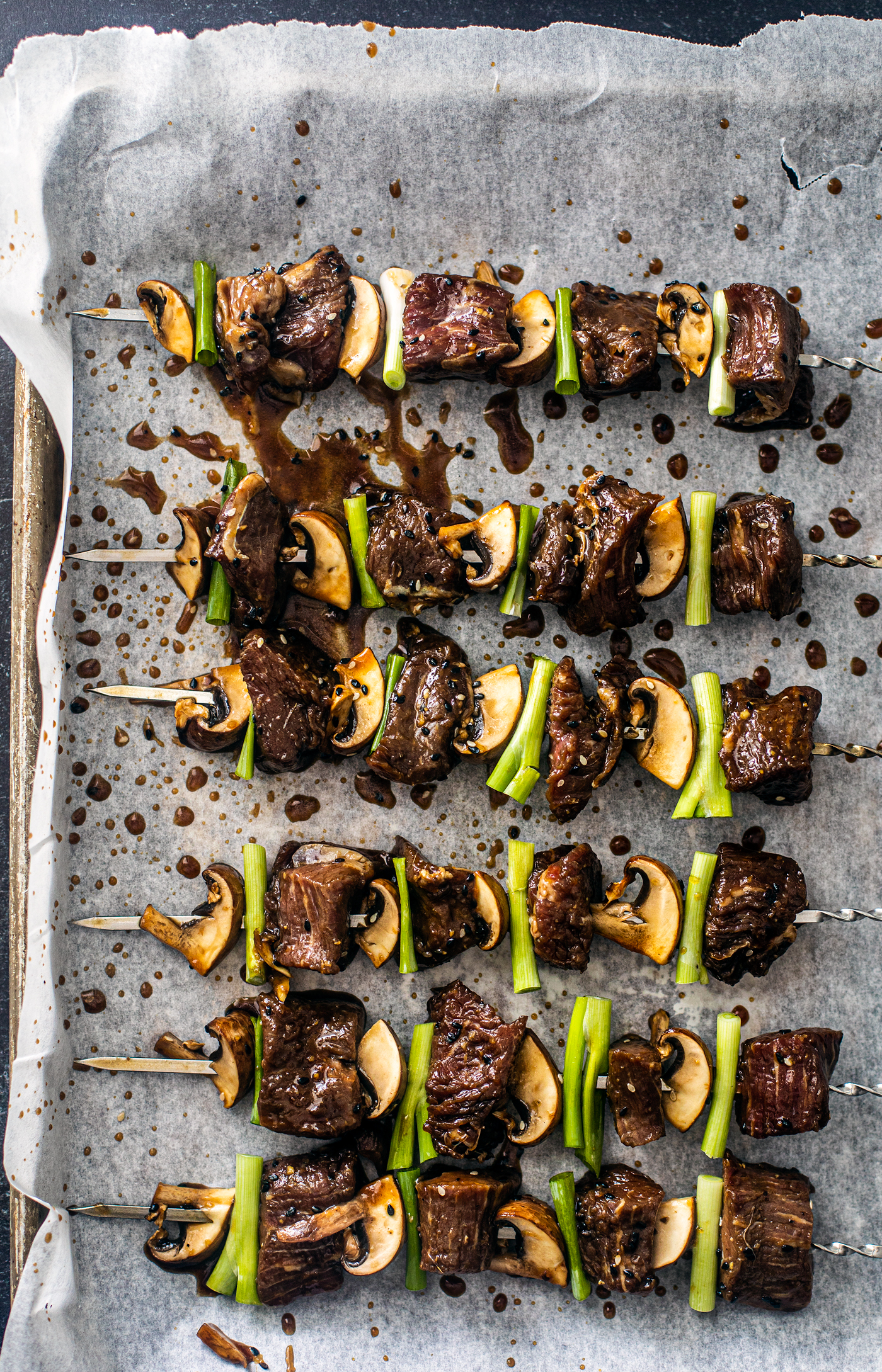 Overhead shot of skewers with beef, scallions, and mushrooms on parchment.