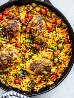 One-Pan Chicken Puttanesca with Creamy Orzo
