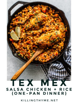 Skillet full of rice, vegetables, and cheesy chicken.