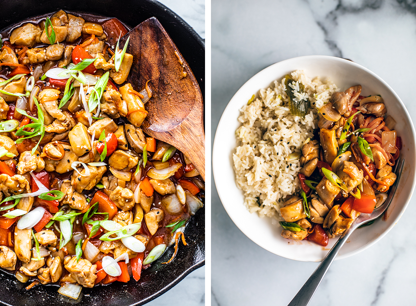 Sweet and sour chicken in pan, and in a bowl with rice.