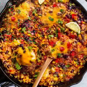 Skillet of cheesy Tex-Mex chicken and rice.