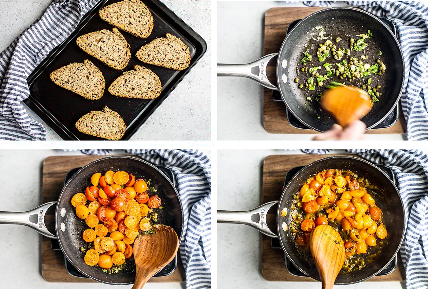 Process shots of bread on baking sheet and tomato confit being simmered.