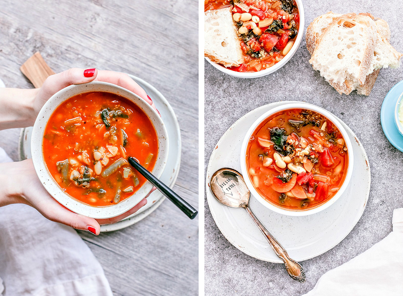 Left: Hands holding bowl of quinoa soup; Right: Bowls of southwestern kale soup with a fresh hunk of bread.