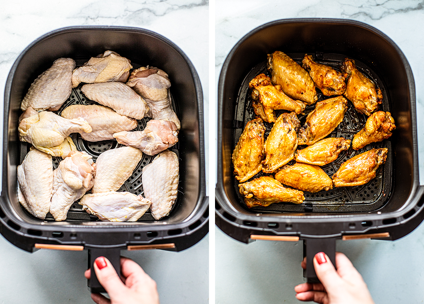 Side by side shots of uncooked wings in air fryer basket, and cooked wings in basket.