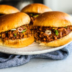 Close up side shot of Sloppy Joes on a serving platter.
