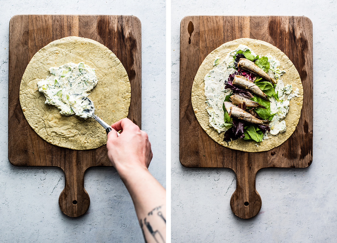 Left: tortilla on a wooden board with mixture being spread onto it; Right: Tortilla topped with mixed greens and sardine fillets.