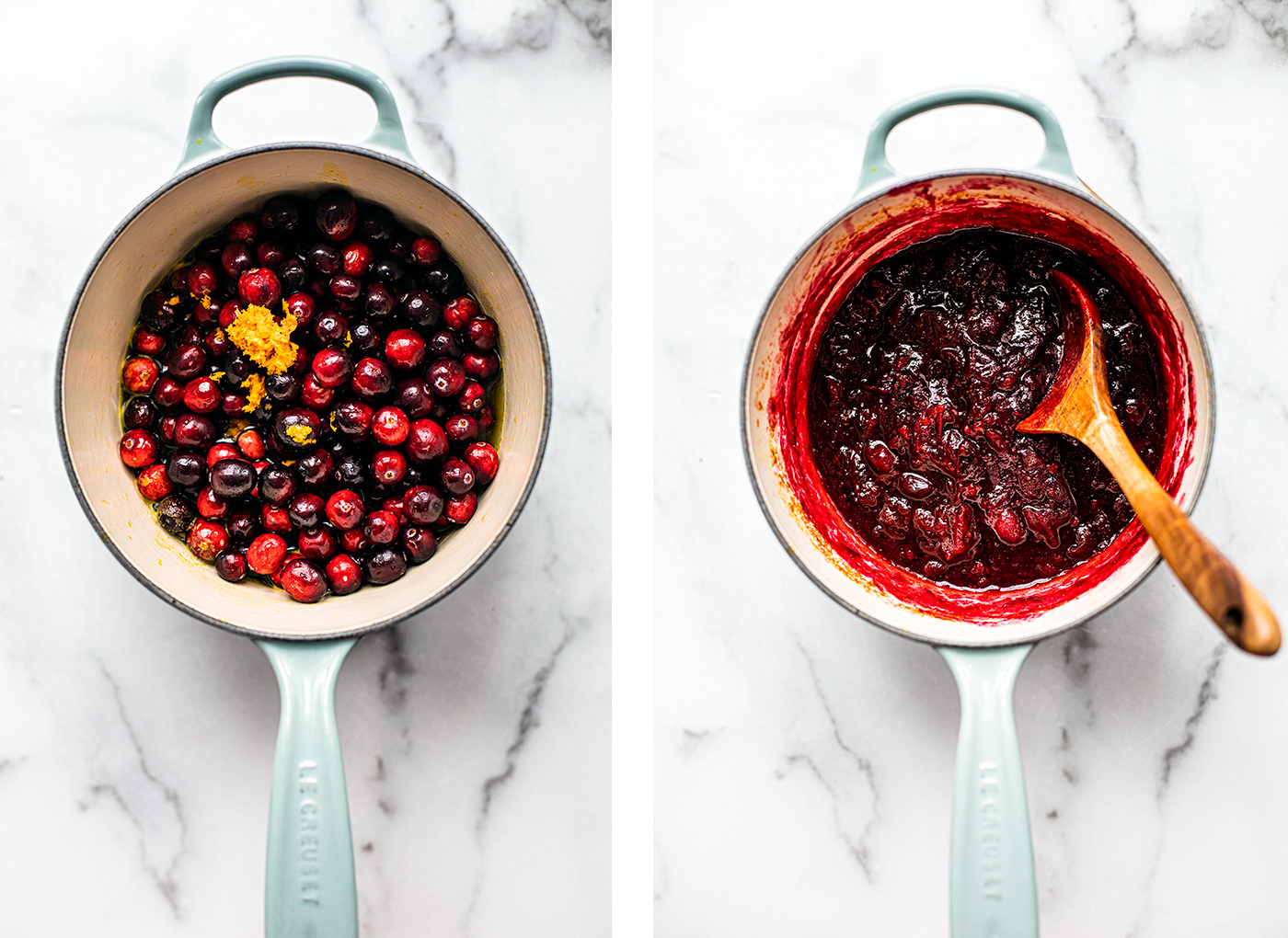 Side by side shots of cranberry sauce in saucepan before being boiled, and after.