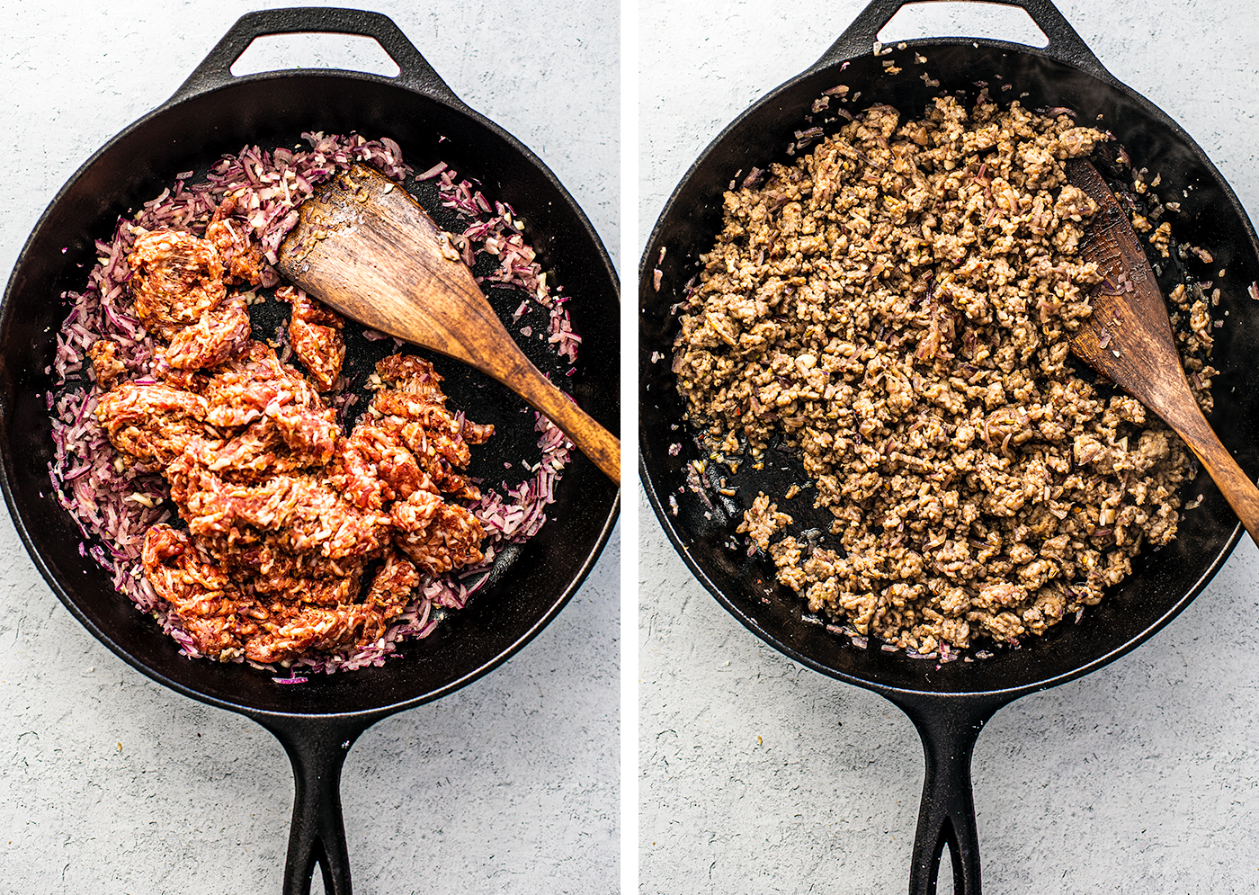 Side by side shots of skillet with ground sausage being cooked.