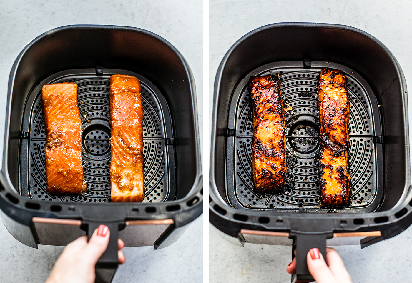 Left: uncooked salmon fillets in air fryer basket; Right: cooked salmon fillets with caramelization.