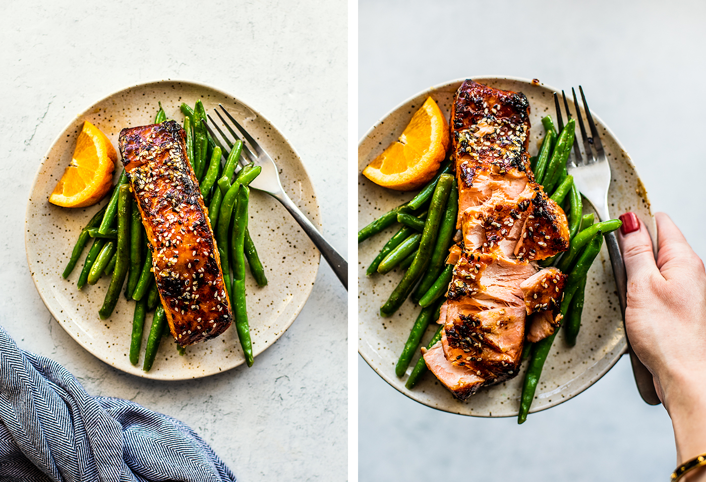 Left: plate of salmon over green beans; Right: salmone flaked by a fork over green beans.