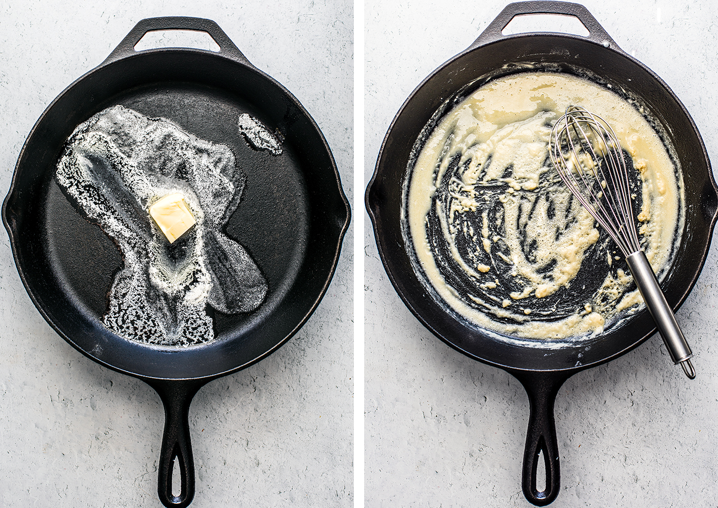 Left: butter melting in skillet; Right: whisk in skillet with roux.