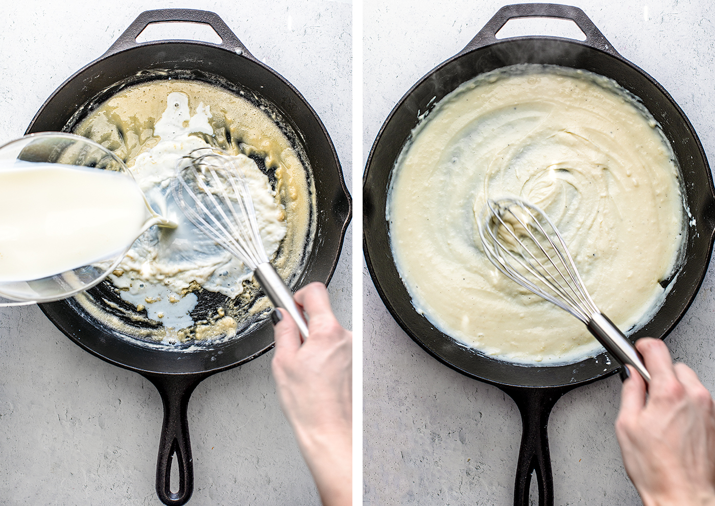 Left: Milk being whisked into the roux; Right: Whisk stirring bechamel.