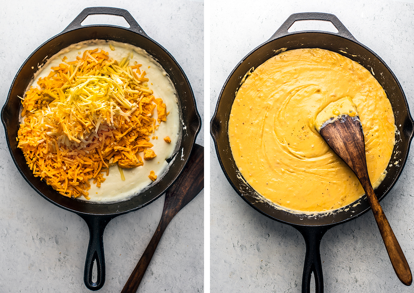 Left: Grated cheese piled into skillet; Right: skillet full of velvety cheese sauce.