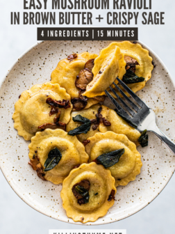 Plate with buttery ravioli, mushrooms, and crispy sage.