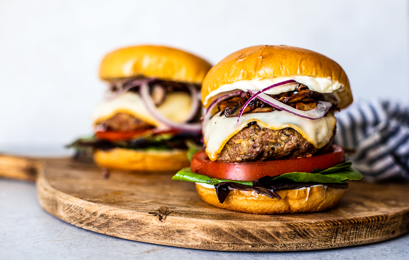 The best turkey burger served on a serving board.