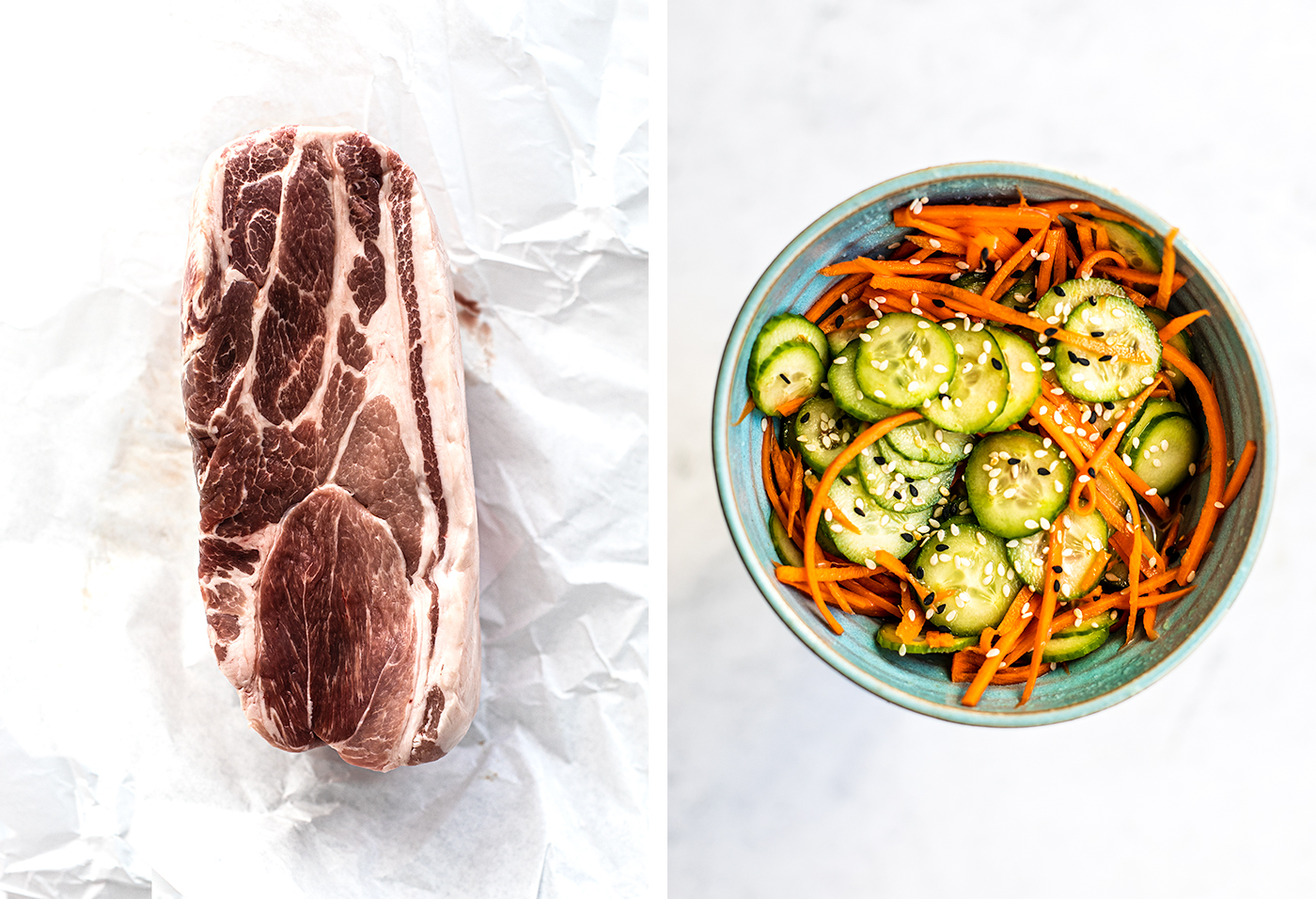 Left: raw pork shoulder on butchers paper; right: bowl of cucumber and carrot slaw.