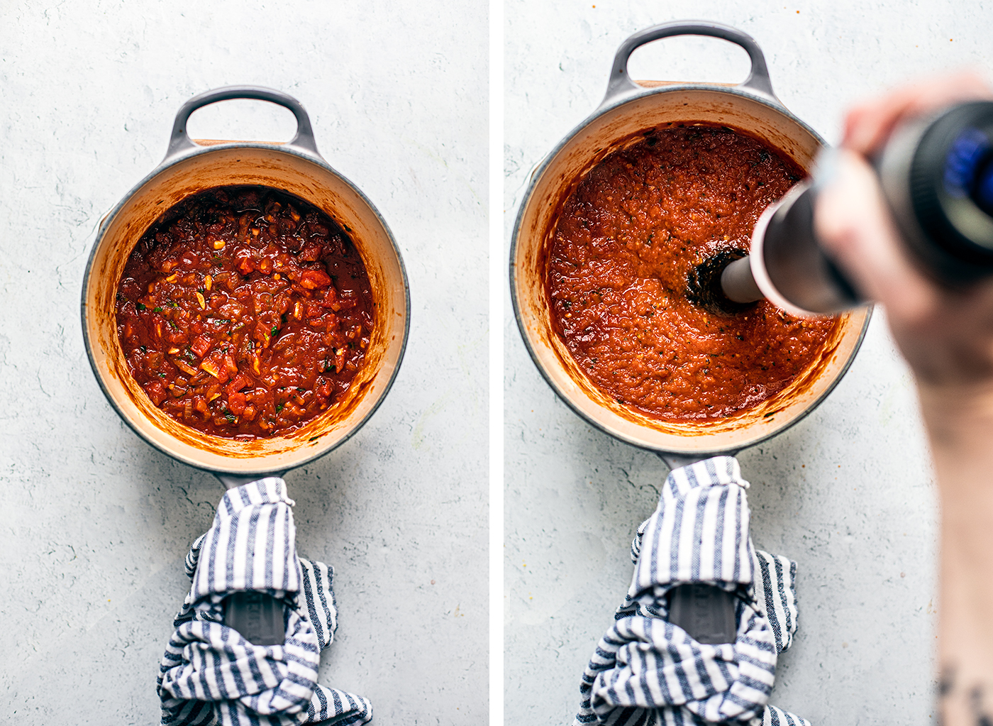 Left: Saucepan full of chunky arrabbiata; Right: saucepan of arrabbiata being smoothed with immersion blender.