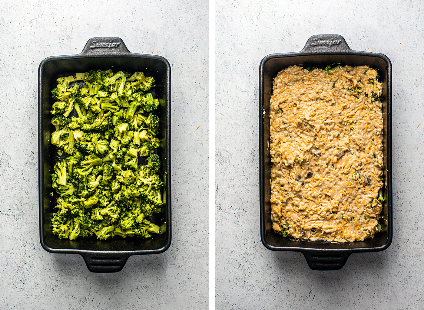 L: Pan with broccoli layered at the bottom; R: Pan with rice and soup mixture spread over the broccoli.