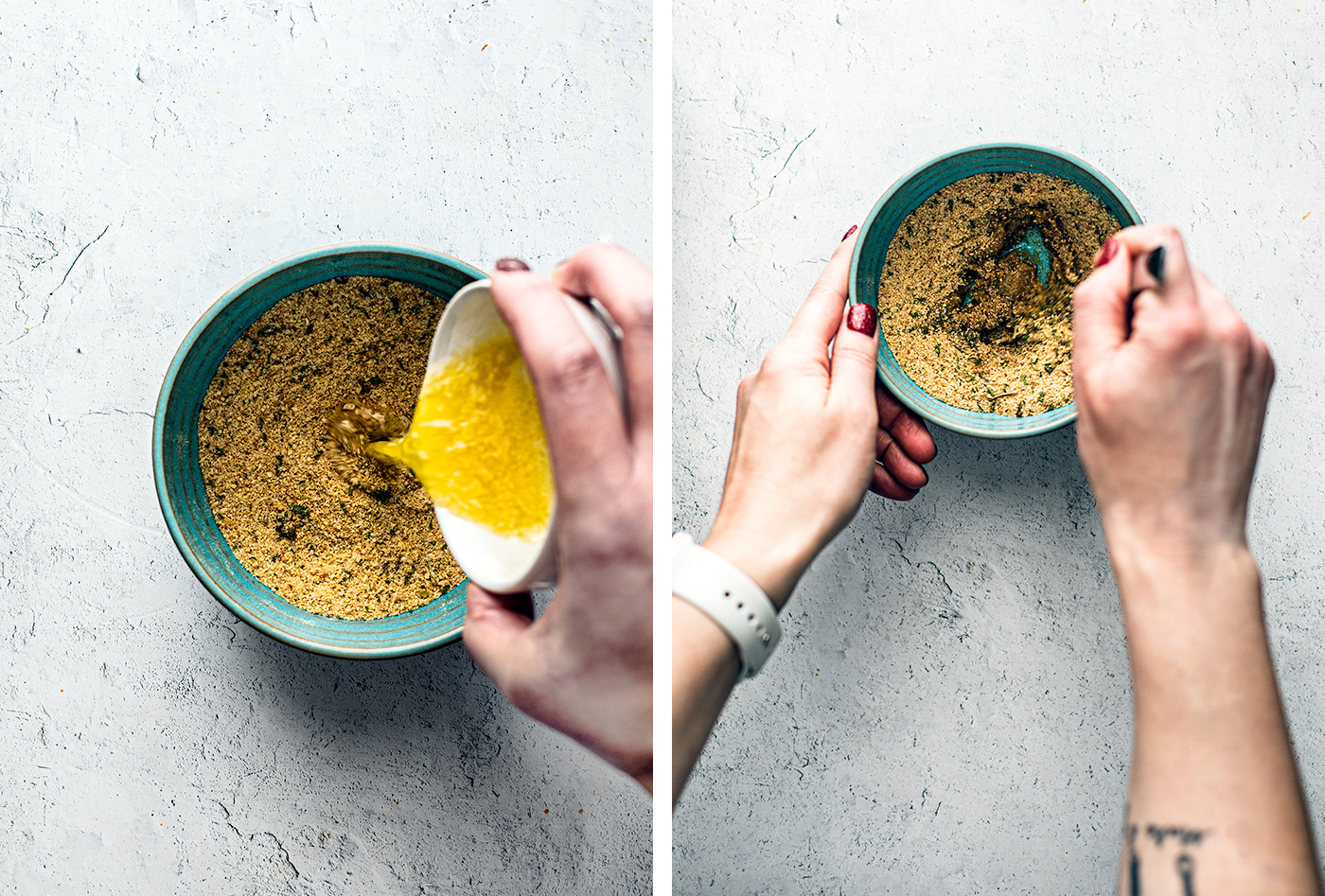 L: Hand pouring melted butter into crumbs; R: hand mixing crumbs with a fork. 