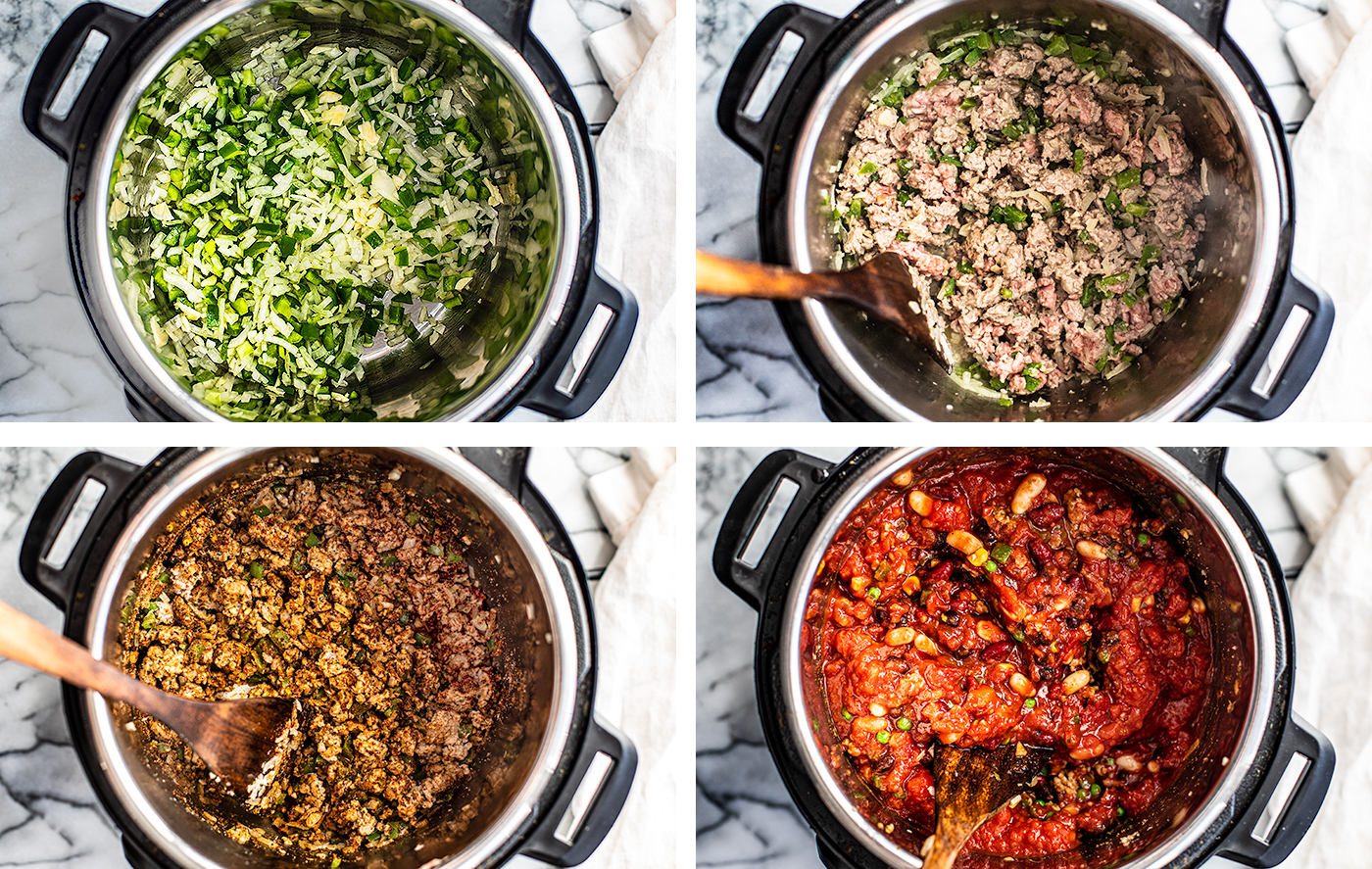 Collage of four process photos of chili ingredients being cooked in the Instant Pot.