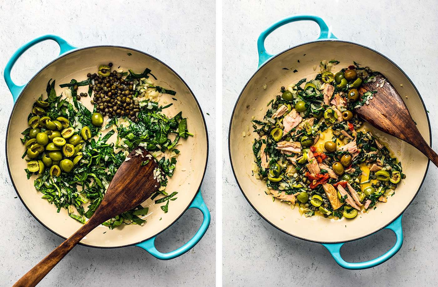 L: Skillet with spinach, olives and capers; R: Tuna added to the skillet