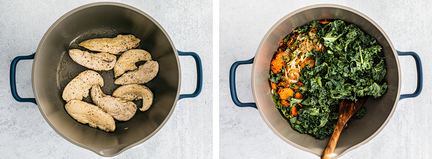 Pot with cooked chicken tenders, and pot with chopped veggies and kale with a wooden spoon.