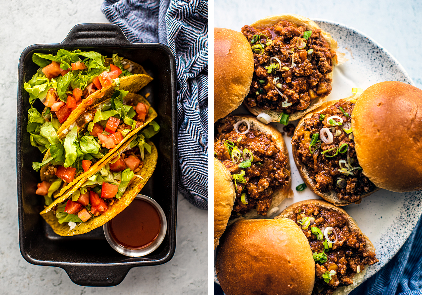 Left: Ground turkey tacos in a black tray; Right: Ground turkey sloppy joes on a serving plate.