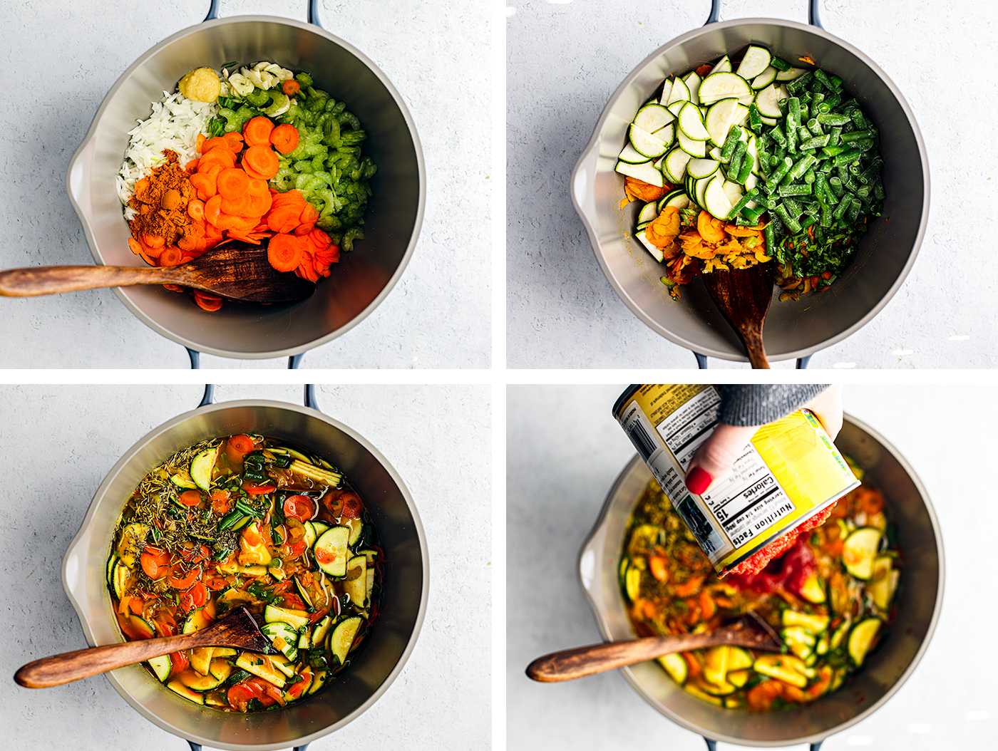 Process shots with saucepan  cooking veggies and becoming soup.