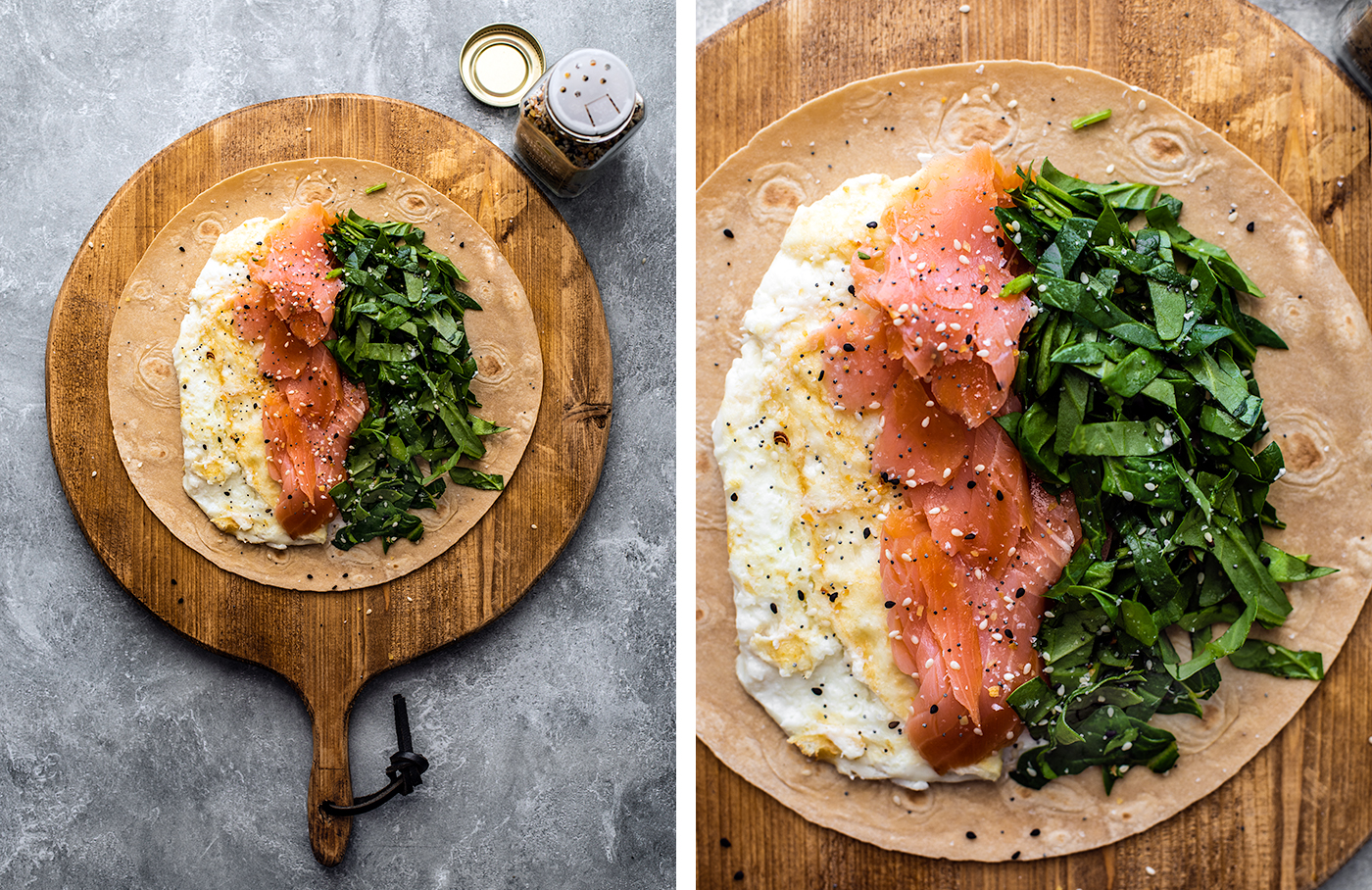 Round serving board with wrap laid out, topped with cooked egg whites, smoked salmon, and spinach.