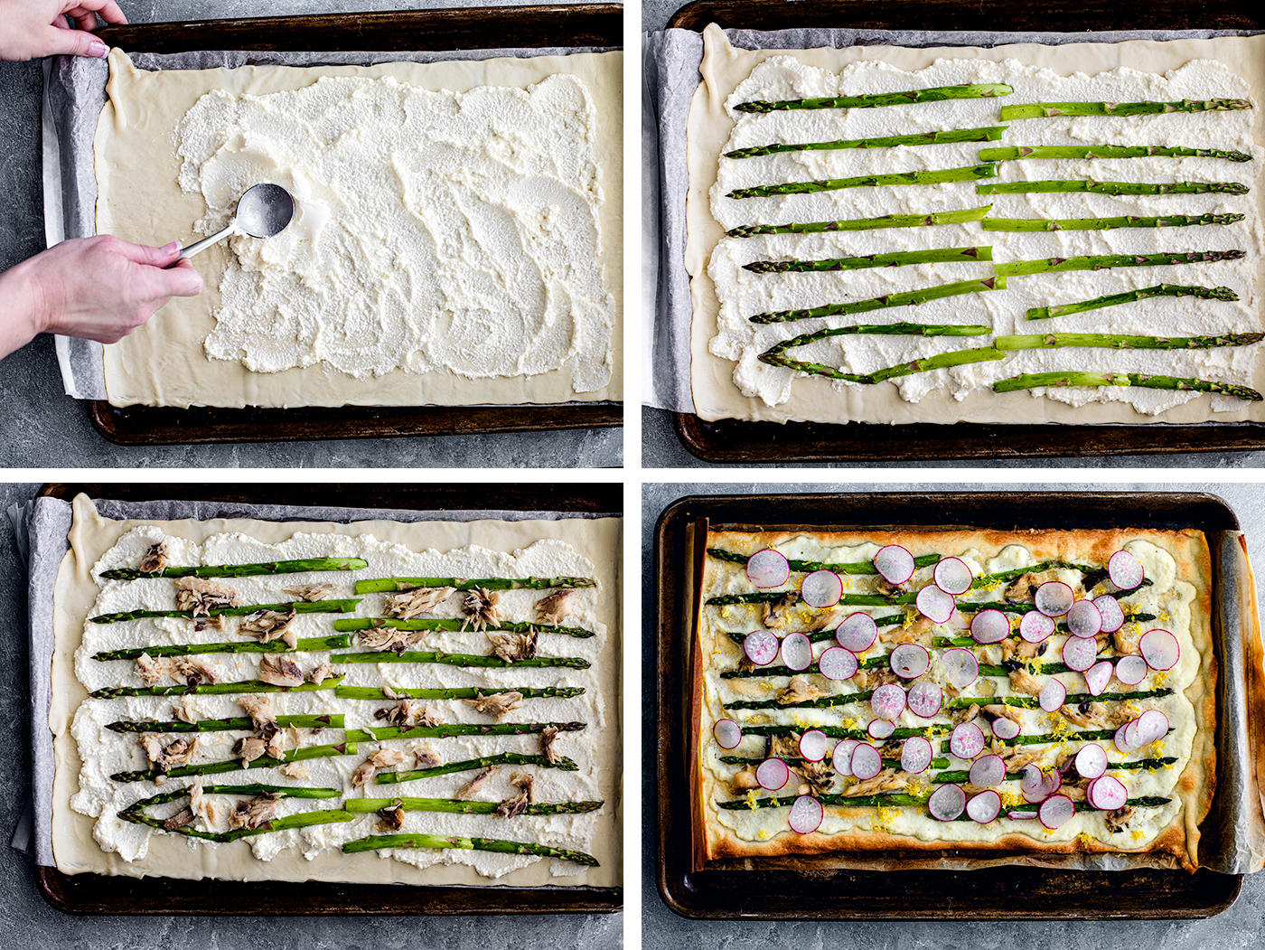 Process shots of flatbread being spread with ricotta and then topped with asparagus and mackerel.