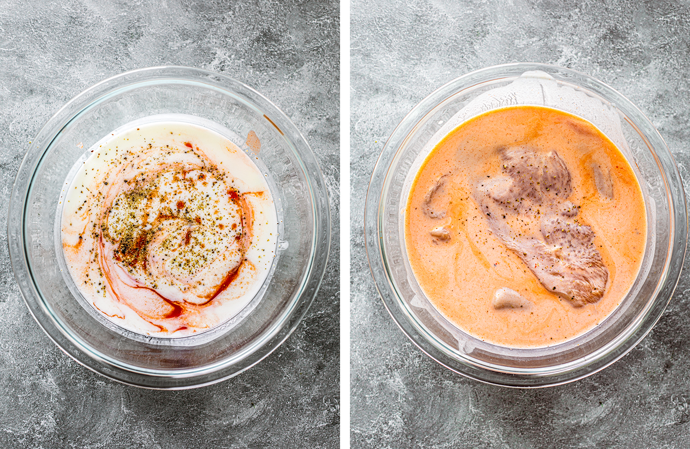 Bowl of buttermilk marinade with chicken cutlets.