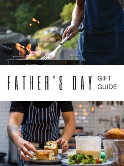 Father's Day Gift Guide feature photo with man grilling and man setting up a plate.