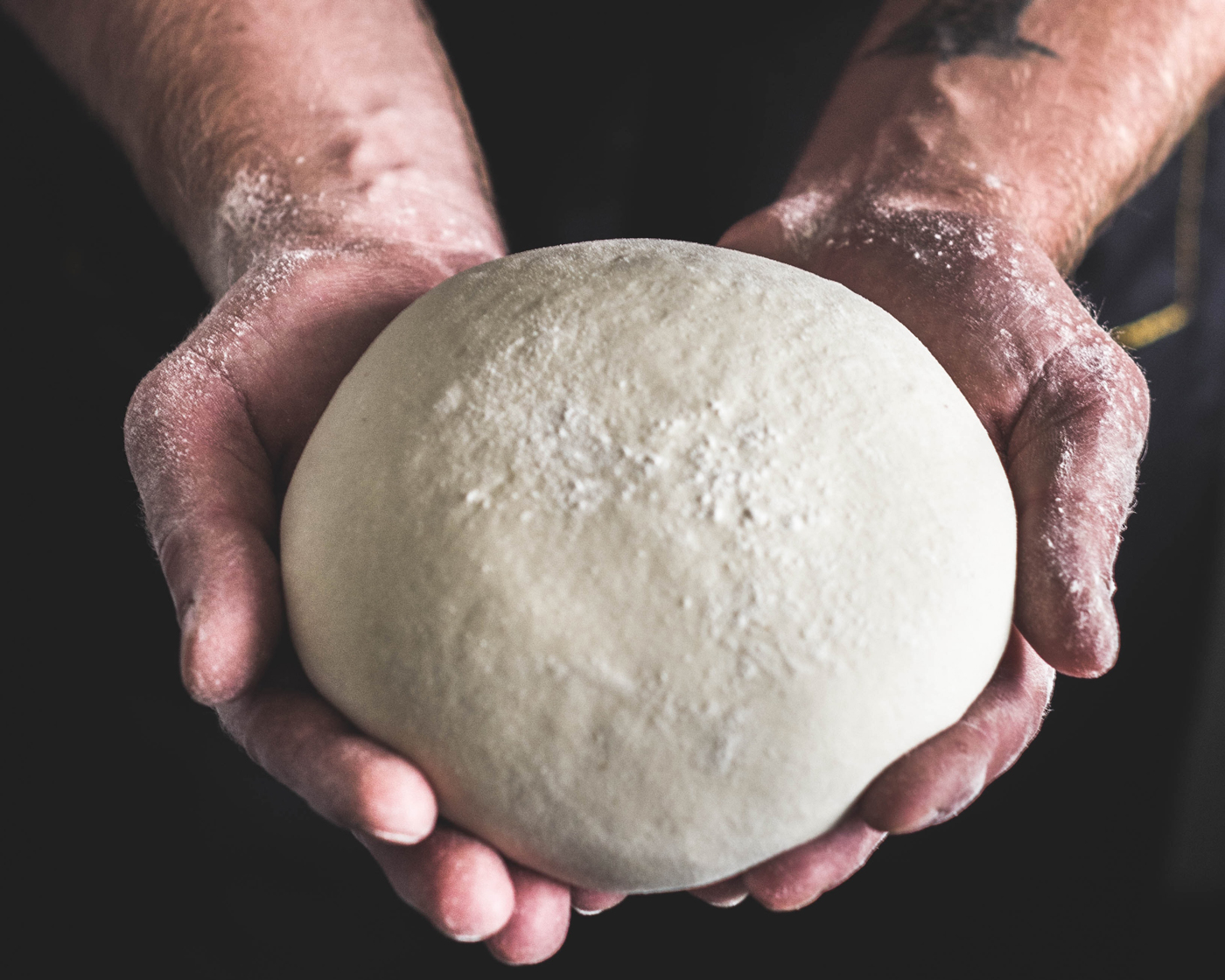 Hands holding a ball of fresh dough.