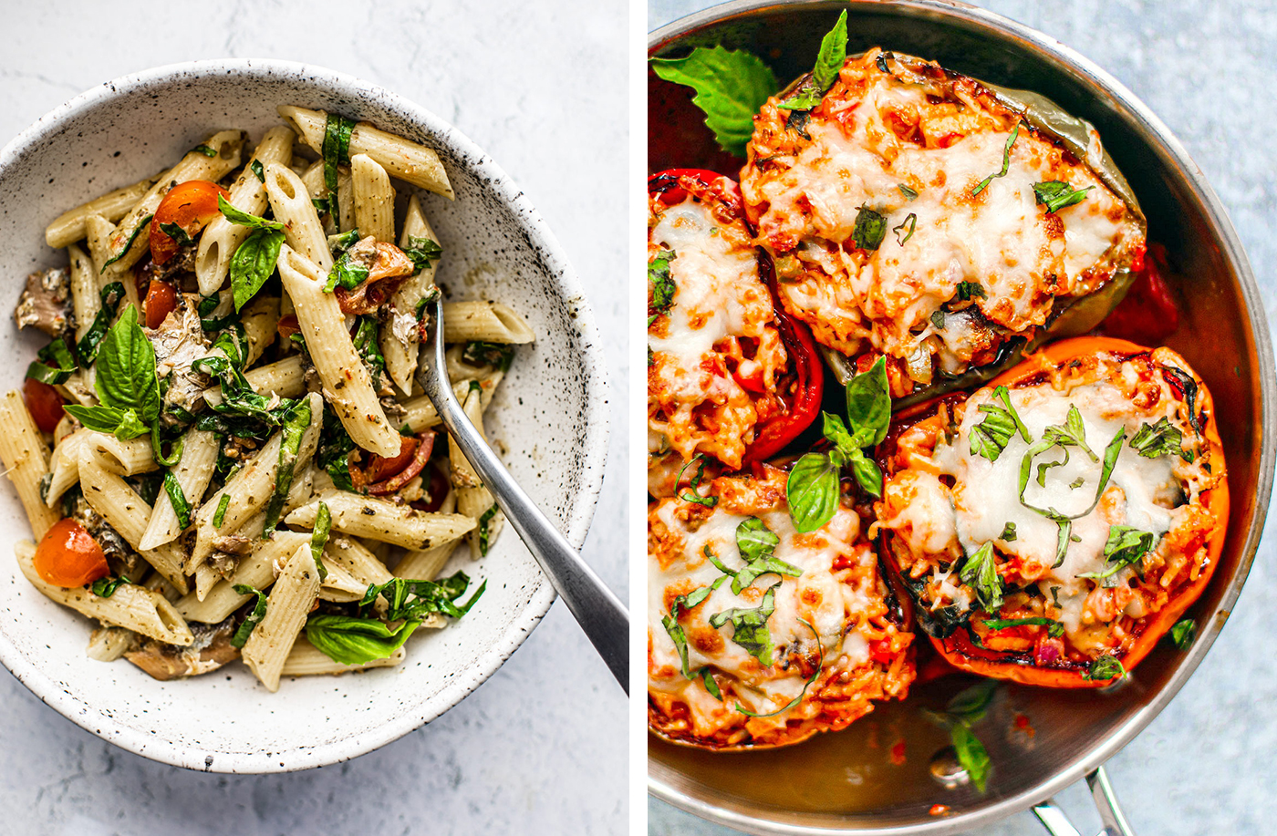 Photo of bowl of pesto pasta with sardines, and photo of stuffed seafood peppers.
