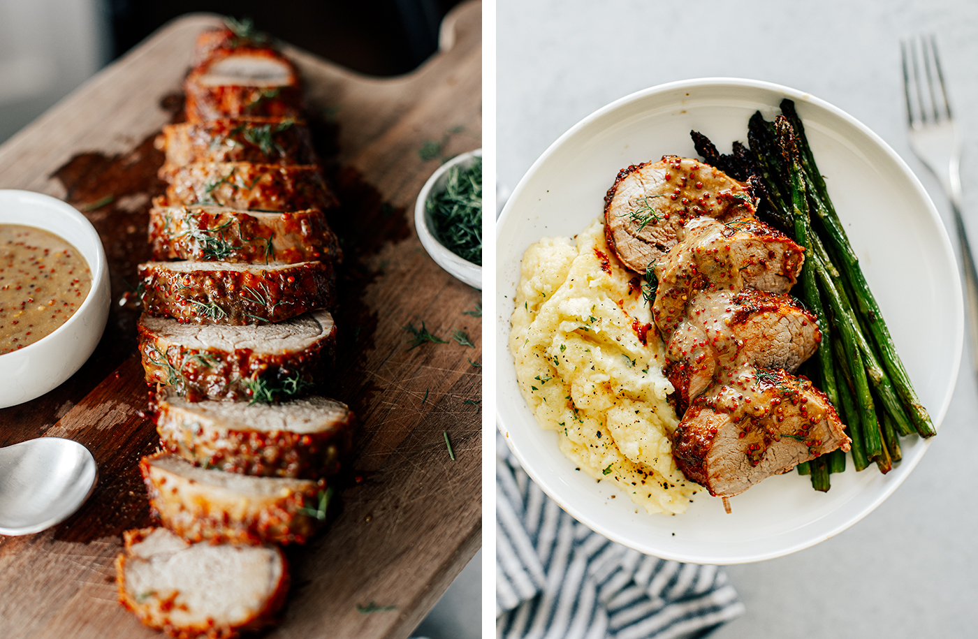 Left photo: Pork tenderloin sliced on a cutting board; Right photo: Plate of sliced pork medallions on mashed potatoes and asparagus spears.