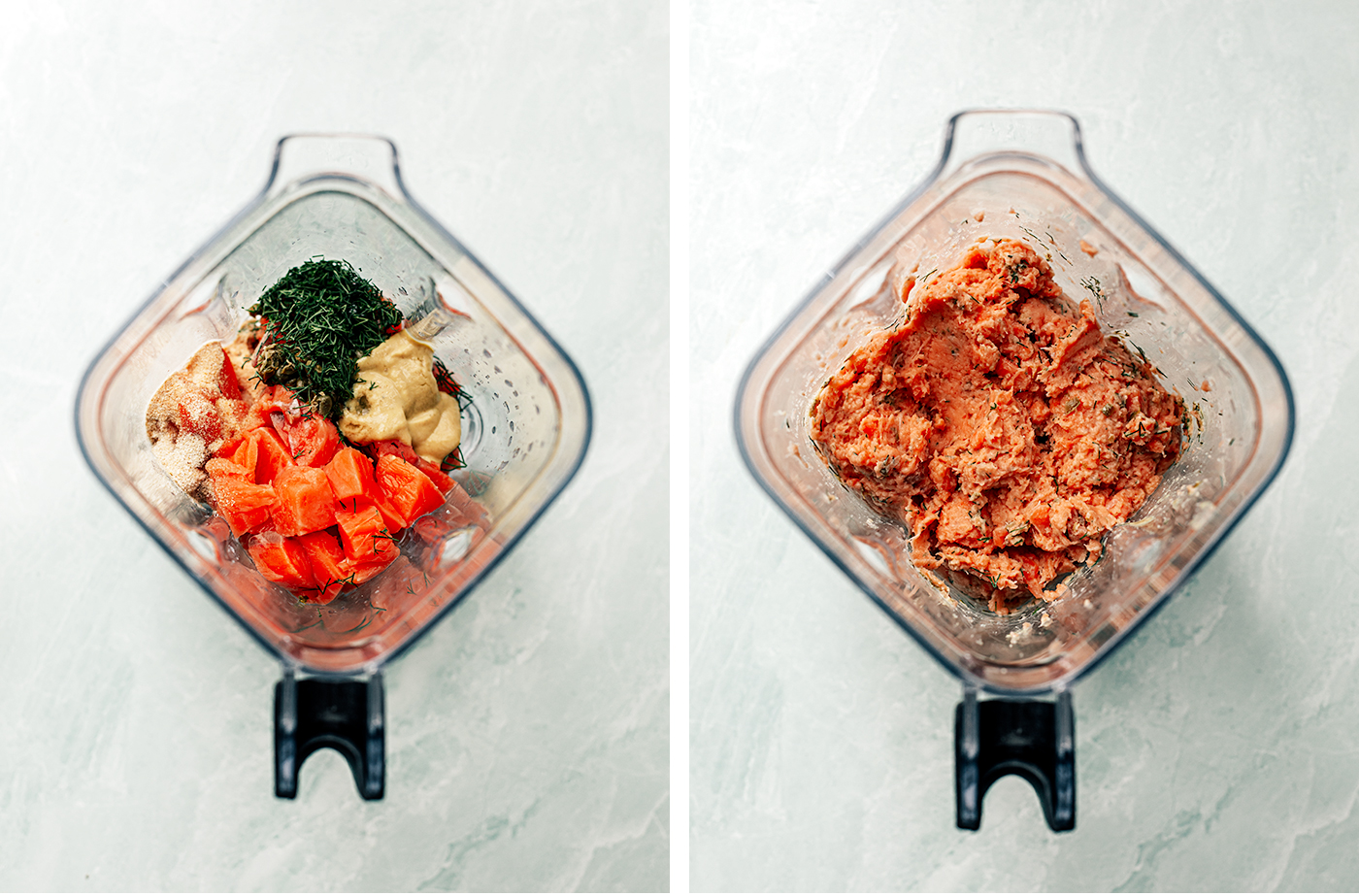 Before and after photo of ingredients in blender before being pulsed.