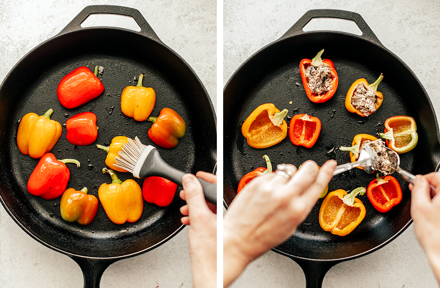 Cast iron skillet with peppers in it being oiled and stuffed.