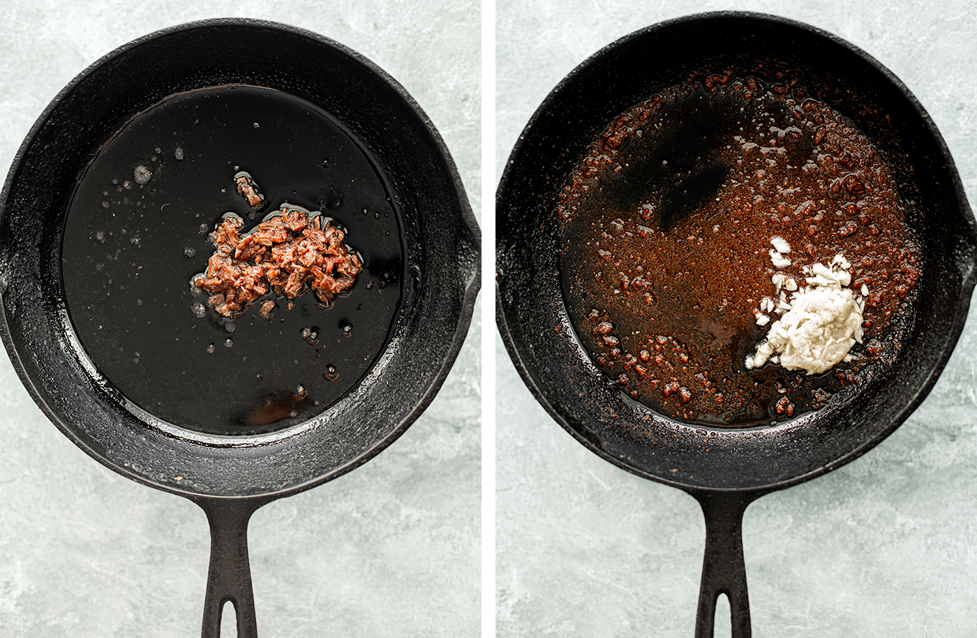 Cast iron skillet process shots: with chopped anchovies, then with melted anchovies and garlic.