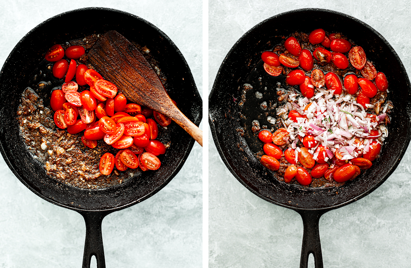Cast iron skillet process shots: fresh tomatoes, then burst tomatoes with shallots.