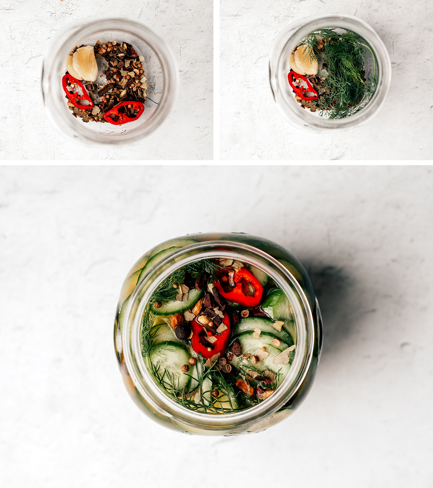 Process shots of filling jar with pickling spices, herbs, and then pickles and brine.