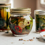 Differently sized jars of refrigerator pickles sitting on countertop.