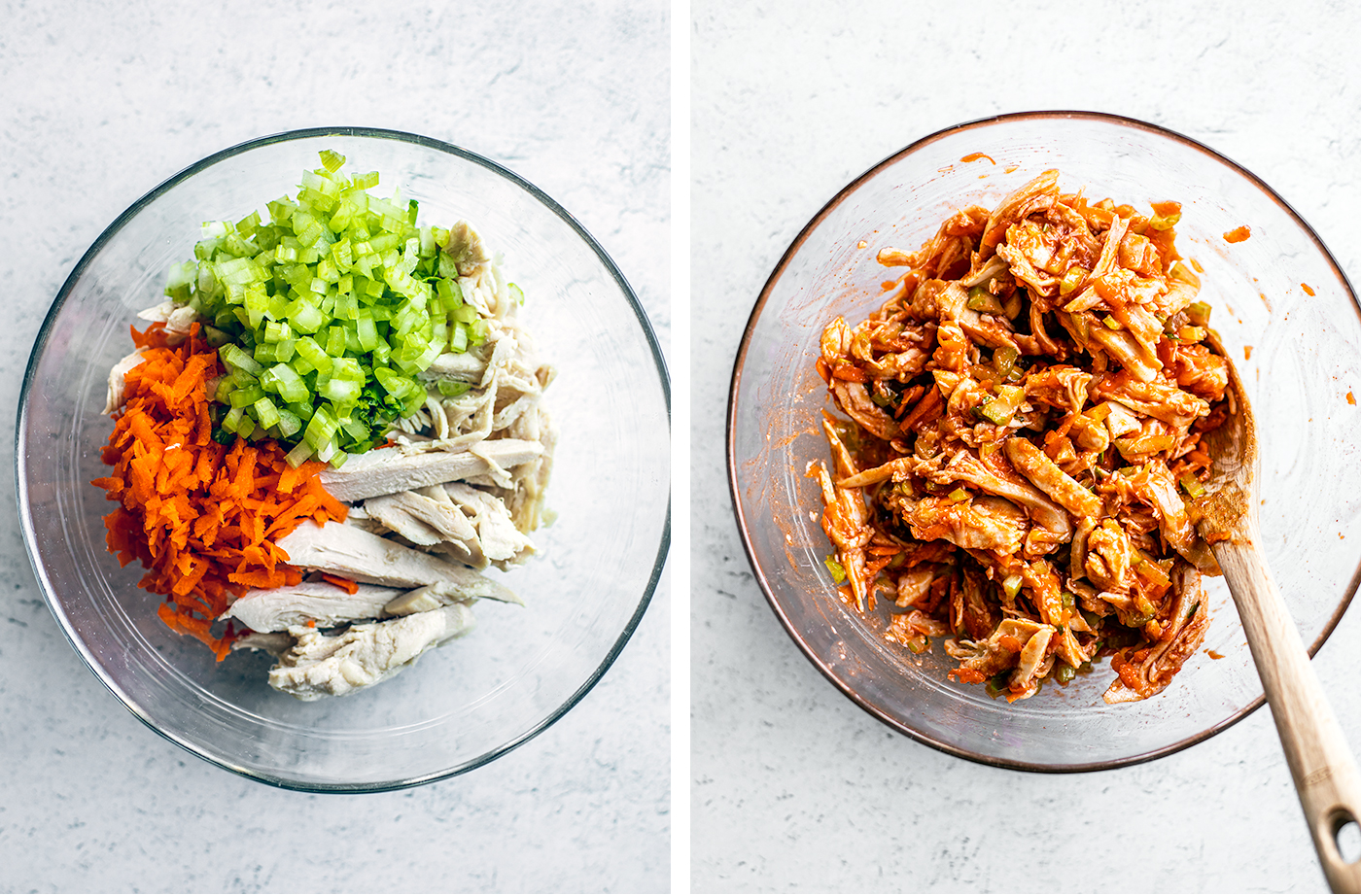 Left: Mixing bowl with chicken, carrots, and celery; Right: Mixing bowl with chicken, carrots, and celery mixed up in hot sauce.