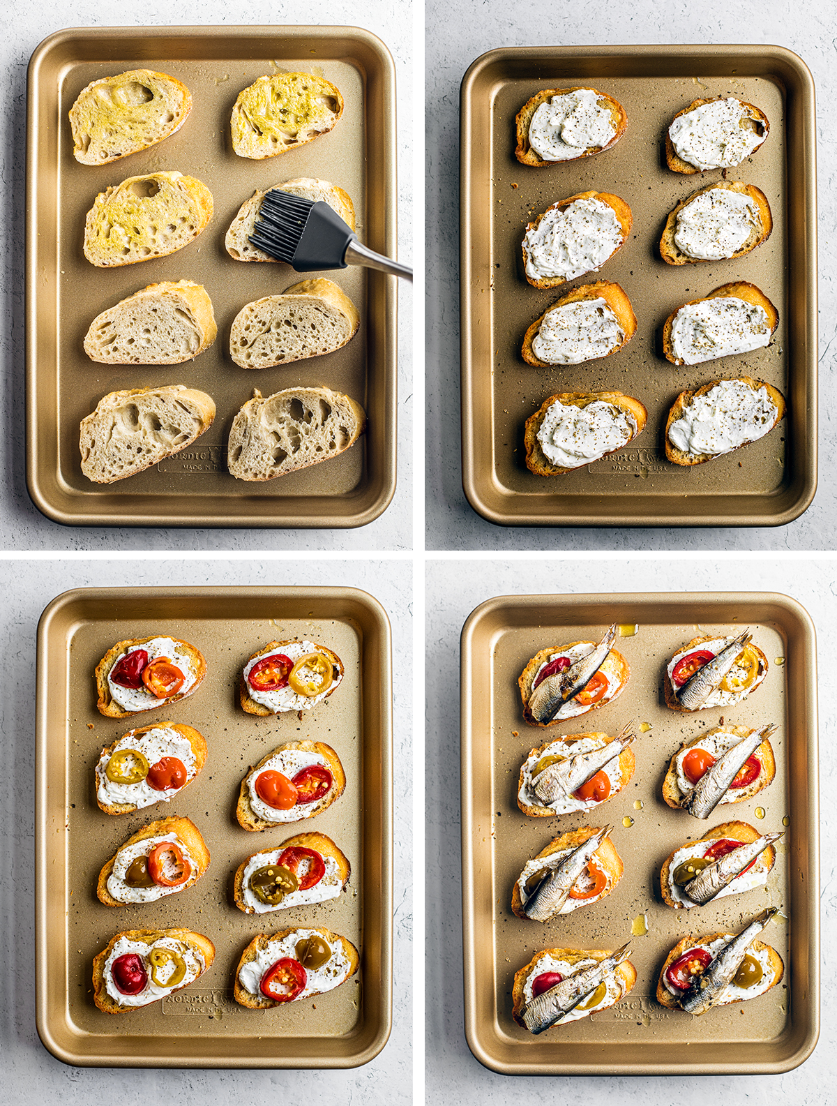 Collage: pastry brush brushing oil onto crostini; crostini topped with goat cheese; then topped with peppers; then topped with sardines.